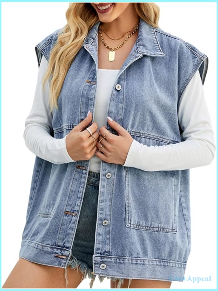 Womens Oversized Sleeveless Denim Vest Mid Long Button Down Jean Waistcoat